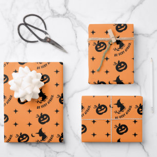 Halloween Orange Black Spooky Pumpkin Witch Wrapping Paper Sheet