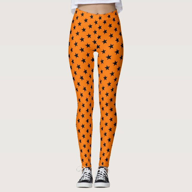 Halloween Orange Black Stars Pattern Witch Costume Leggings (Front)
