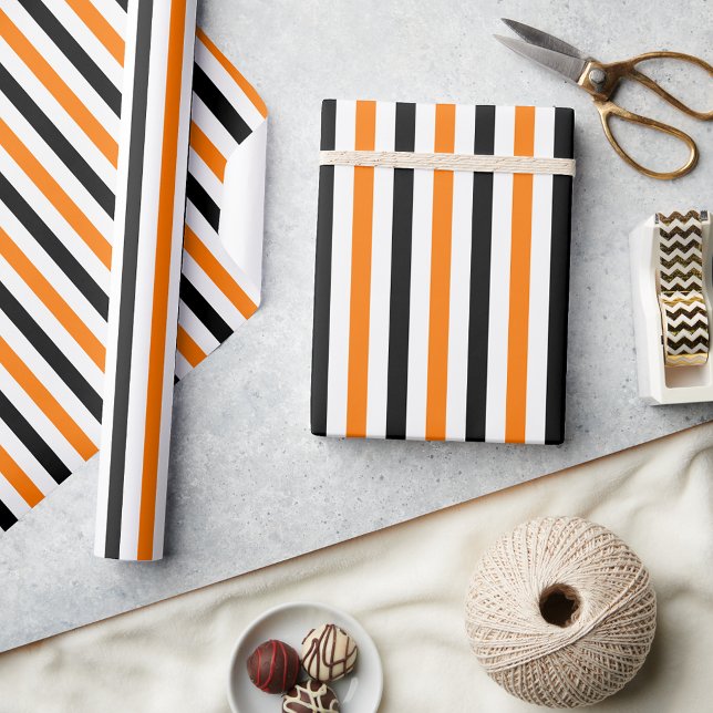 Halloween Orange Black White Stripes Pattern Gift Wrapping Paper (Halloween Orange Black White Stripes Pattern Gift Wrapping Paper)