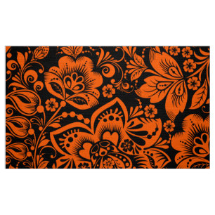 Halloween Orange Floral Pattern Black Background Fabric