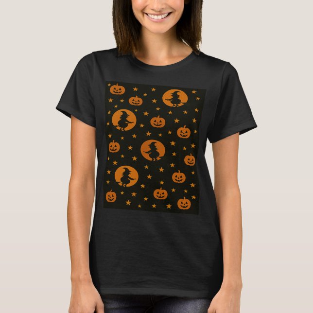 Halloween Orange Flying Witch and Pumpkins T-Shirt (Front)