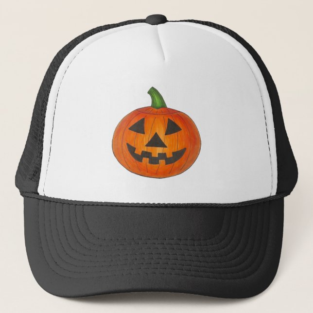 Halloween Orange Jack o' Lantern Pumpkin Carving Trucker Hat (Front)