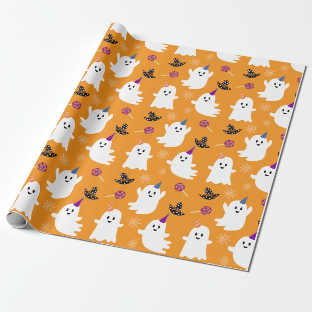 Halloween Orange Kawaii Ghost Wrapping Paper (Unrolled)