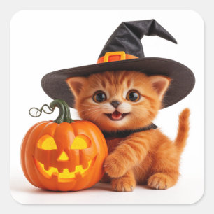 Halloween Orange Kitten Jack O Lantern Pumpkin 🦇 Square Sticker