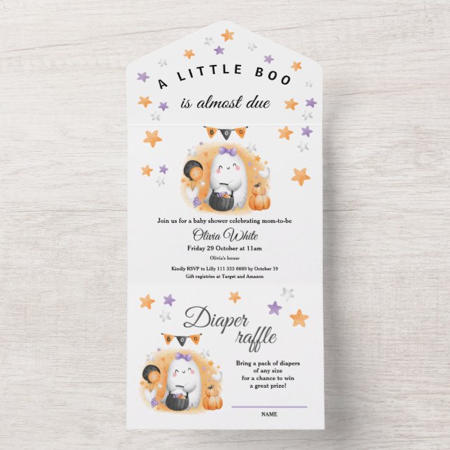 Halloween Orange Little Ghost Girl Baby Shower All In One Invitation (Inside)