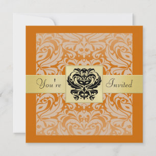 Halloween Orange Mask Damask Gold Invitation