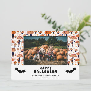 Halloween Orange Mushroom Black Bat Fall Photo Holiday Card