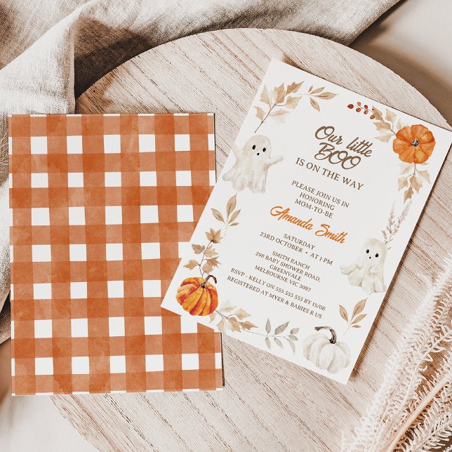 Halloween Orange Our Little Boo Baby Shower Invitation (Our Little Boo Baby Shower Invitation, Ghost Halloween Baby Shower Invitation, Orange Pumpkins)