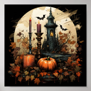 Halloween Orange Pumpkin, Bats, Candle And Leaves Poster