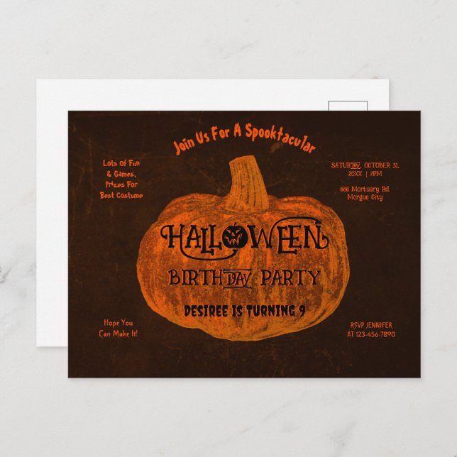 Halloween Orange Pumpkin Birthday Party Invitation Postcard (Front/Back)
