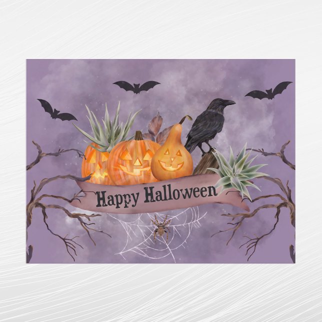 Halloween Orange Pumpkin Crow Spider Bats Holiday Postcard (Creator Uploaded)