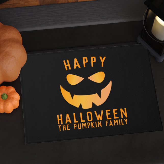 Halloween Orange Pumpkin Face Family Doormat (Add your name to this Jack o Lantern Welcome doormat)