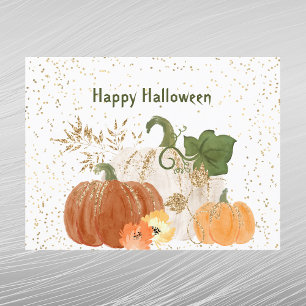 Halloween Orange Pumpkin Gold Floral Holiday Postcard