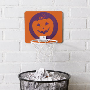Halloween Orange Pumpkin on Purple Background Mini Basketball Hoop
