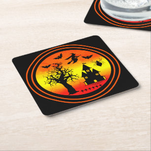 Halloween Orange Sunset Witch Haunted House Party Square Paper Coaster