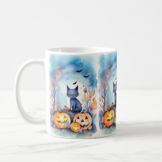 Halloween Oriental Blue Cat With Pumpkins Scary Coffee Mug (Left)