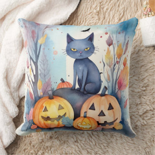 Halloween Oriental Blue Cat With Pumpkins Scary Cushion