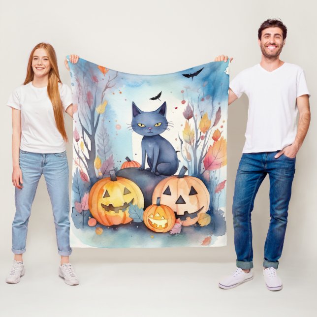 Halloween Oriental Blue Cat With Pumpkins Scary Fleece Blanket (In Situ)