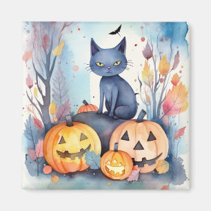 Halloween Oriental Blue Cat With Pumpkins Scary Magnet