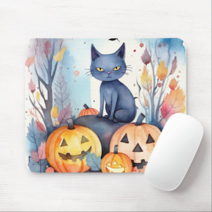 Halloween Oriental Blue Cat With Pumpkins Scary Mouse Pad