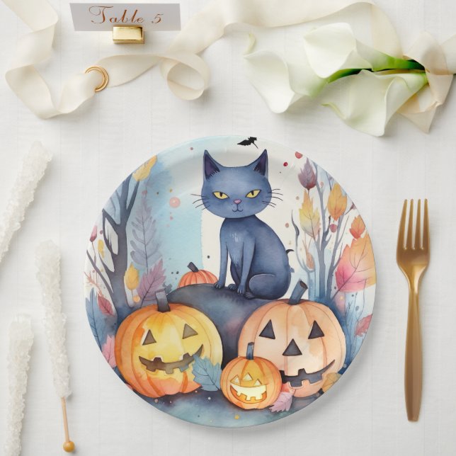 Halloween Oriental Blue Cat With Pumpkins Scary Paper Plate (Wedding)