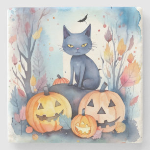 Halloween Oriental Blue Cat With Pumpkins Scary Stone Coaster