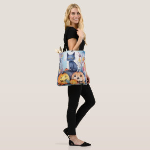 Halloween Oriental Blue Cat With Pumpkins Scary Tote Bag