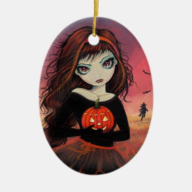 Halloween Ornament Big Eye Girl with Pumpkin (Front)
