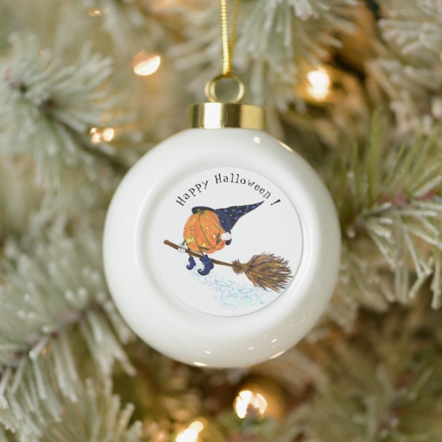 Halloween Ornament Witch Pumpkin Flying with Broom (Tree)
