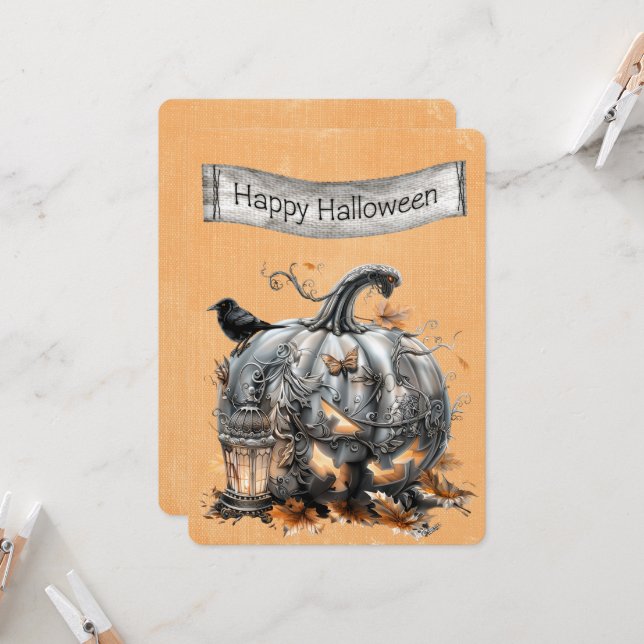 Halloween Ornate Steampunk Grey Pumpkin (Front/Back In Situ)