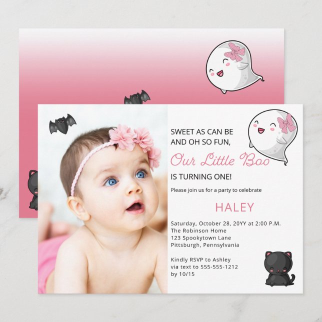 Halloween Our Little Boo Ghost Girl 1st Birthday Invitation (Front/Back)