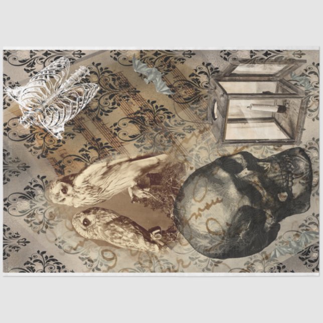 Halloween Owl and Skull Vintage Pattern Tissue Paper (Front)