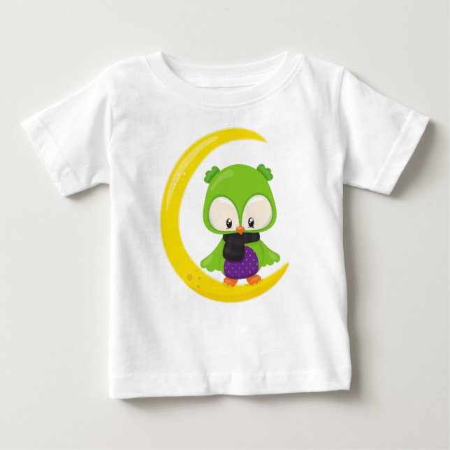 Halloween Owl, Cute Owl, Green Owl, Moon, Scarf Baby T-Shirt (Front)