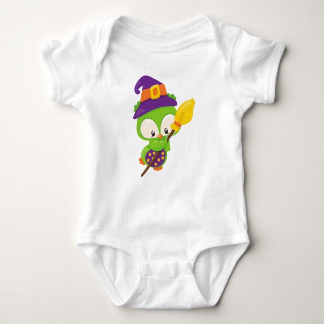 Halloween Owl, Cute Owl, Green Owl, Witch Broom Baby Bodysuit (Front)