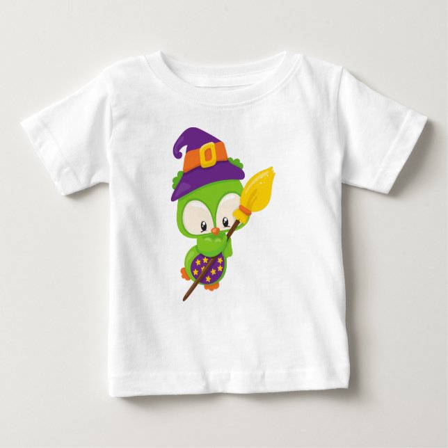 Halloween Owl, Cute Owl, Green Owl, Witch Broom Baby T-Shirt (Front)