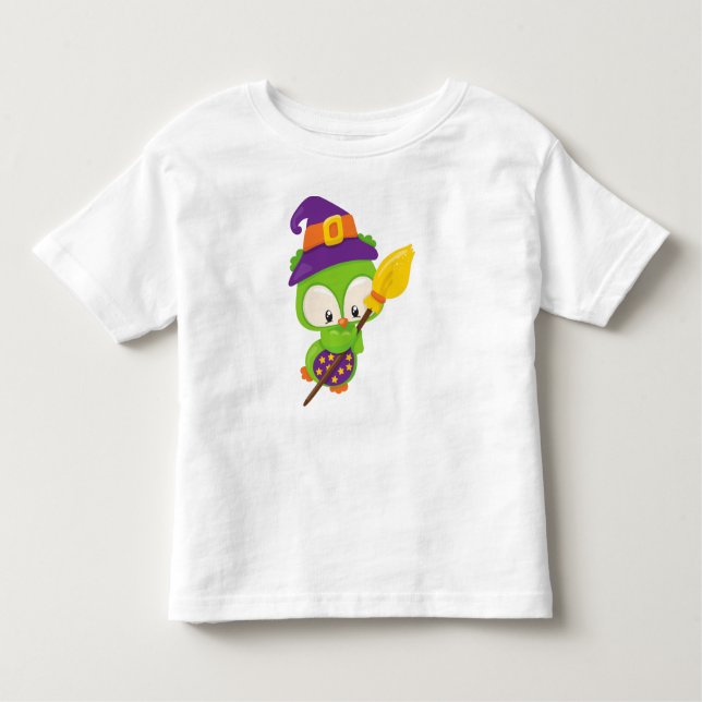 Halloween Owl, Cute Owl, Green Owl, Witch Broom Toddler T-Shirt (Front)
