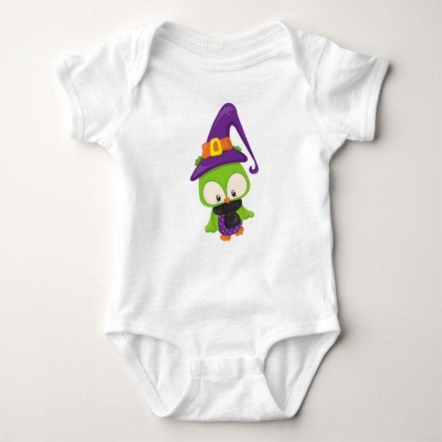 Halloween Owl, Cute Owl, Green Owl, Witch Hat Baby Bodysuit (Front)