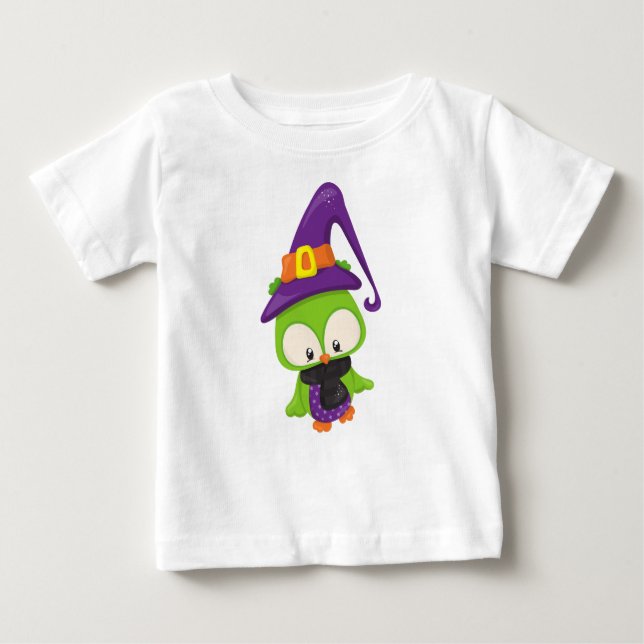 Halloween Owl, Cute Owl, Green Owl, Witch Hat Baby T-Shirt (Front)