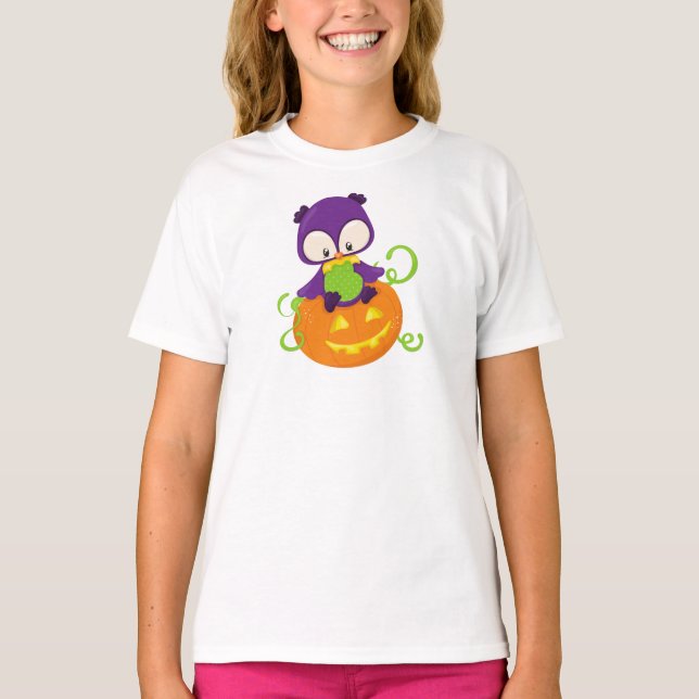 Halloween Owl, Cute Owl, Purple Owl, Pumpkin T-Shirt (Front)