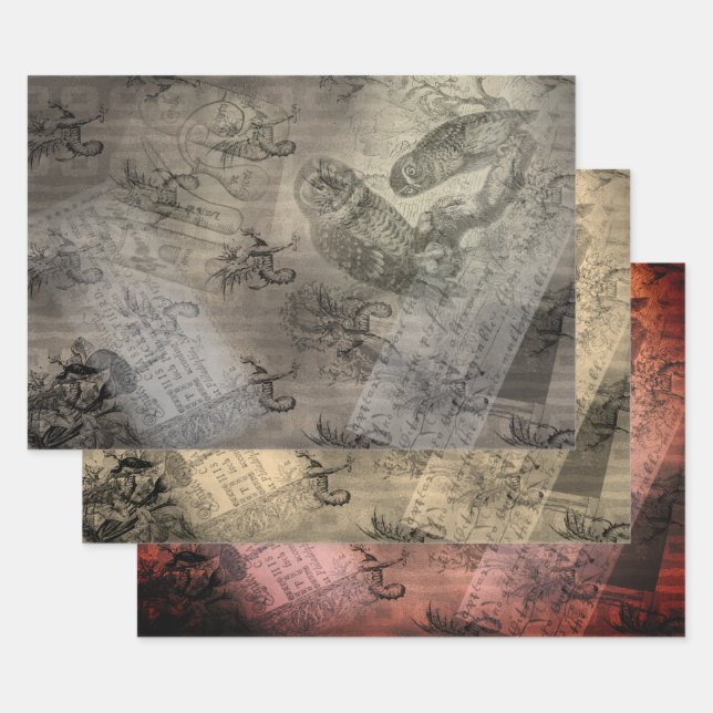 Halloween Owl Family Vintage Ephemera  Wrapping Paper Sheet (Set)