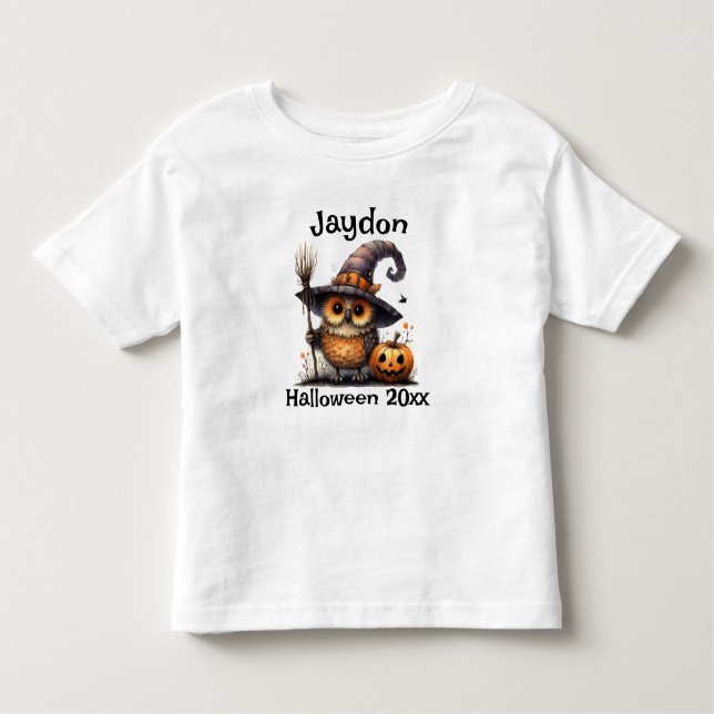 Halloween Owl in a Witch Hat Personalise Toddler T-Shirt (Front)
