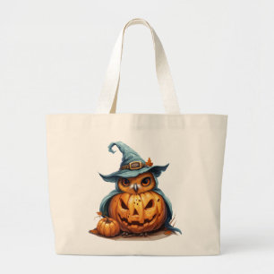 Halloween Owl in Pumpkin Large Tote Bag