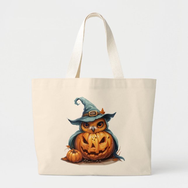 Halloween Owl in Pumpkin Large Tote Bag (Front)
