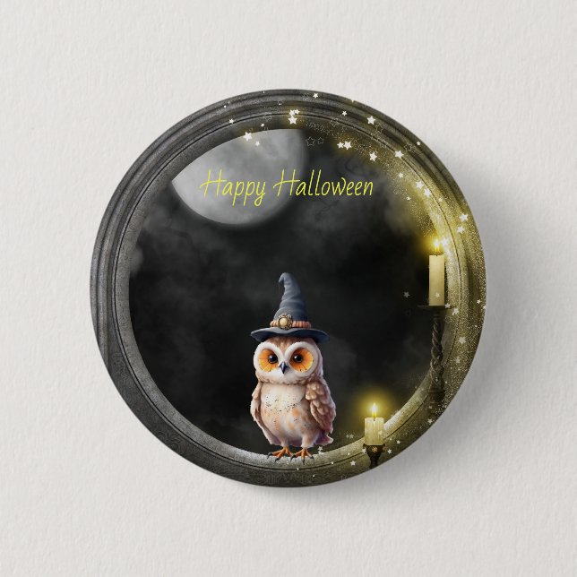Halloween Owl in Round Tower Window 6 Cm Round Badge (Front)