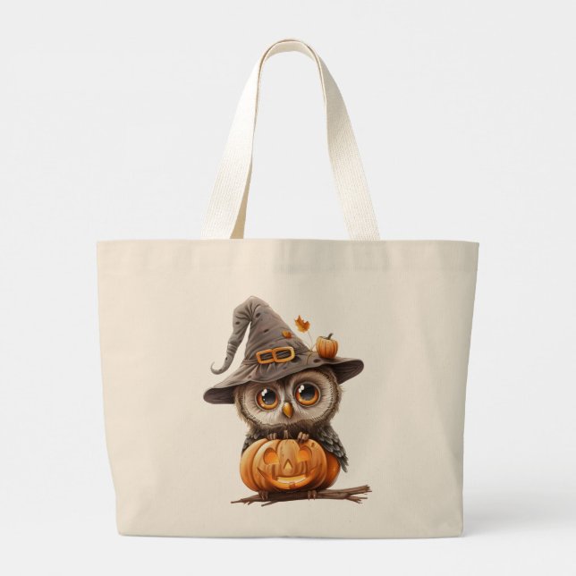 Halloween Owl on Pumpkin Large Tote Bag (Back)