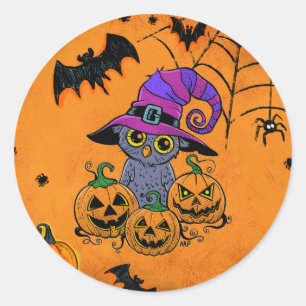 Halloween owl, pumpkins and bats classic round sticker