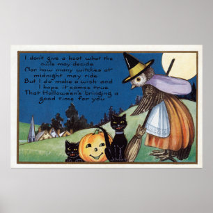 Halloween owl witch black cats vintage poster