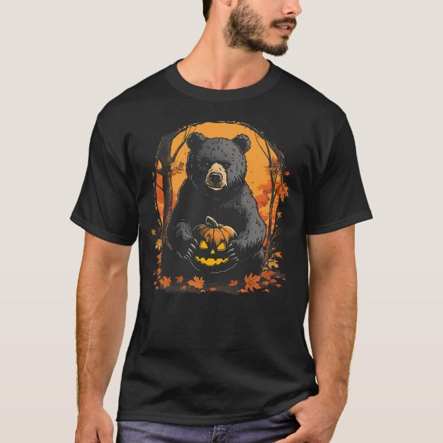 Halloween Panda Bear Forest Autumn Leaves Pumpkin  T-Shirt (Front)