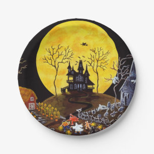 Halloween paper party plates,haunted village plate
