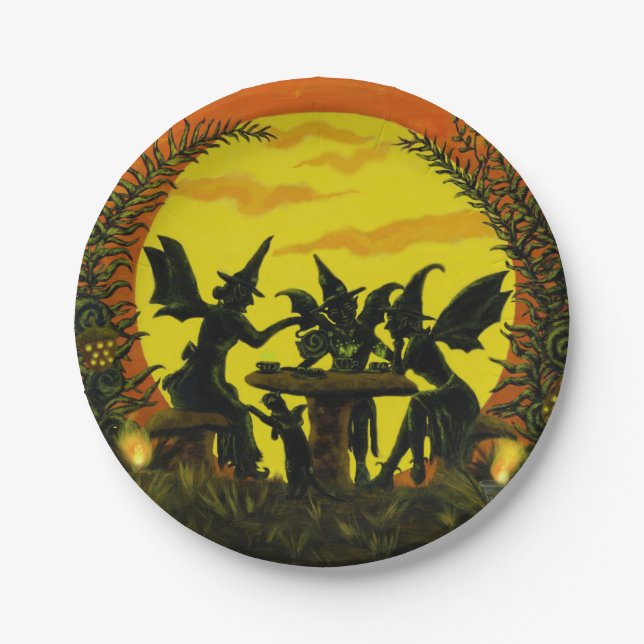 Halloween paper party plates, witches tea party plate (Front)